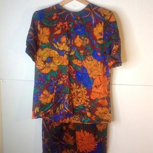 Vintage Breckenridge Floral Skirt Silk Top Suit